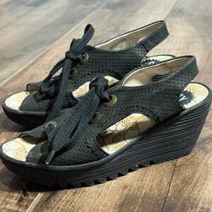 Fly London Yuta Perforated Leather Peep Toe Lace-Up Wedge Sandals,Black,38/7-7.5